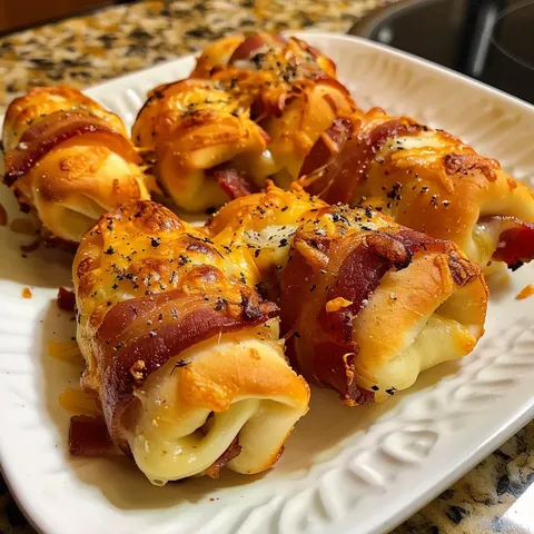 Bacon wrapped appetizers on a white plate.
