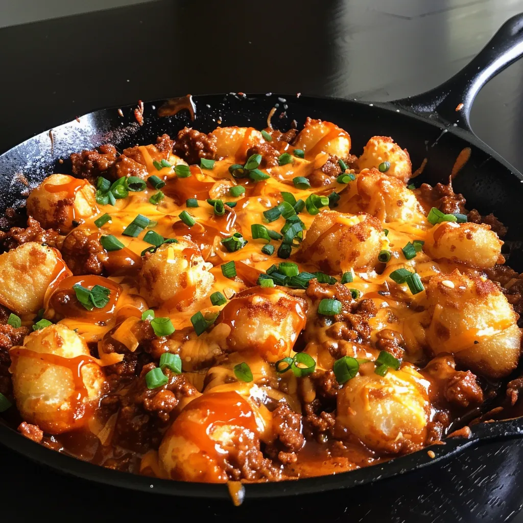 A pan of food with cheese and green onions.