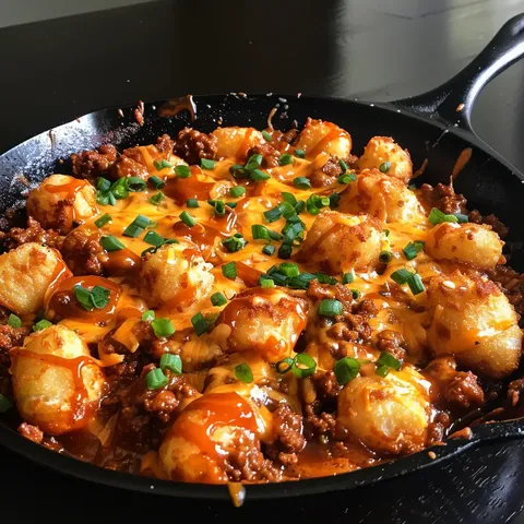 A pan of food with cheese and green onions.