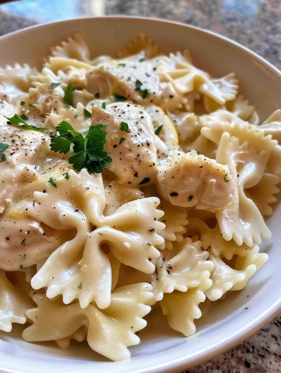 A bowl of pasta with chicken and herbs.