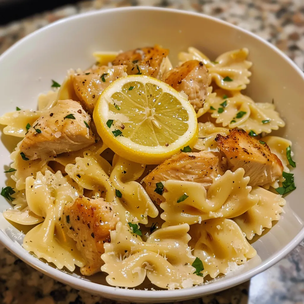 A bowl of pasta with chicken and lemon.