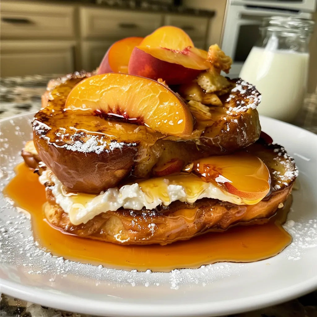 A stack of peach pancakes with syrup.