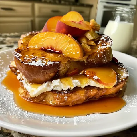 A stack of peach pancakes with syrup.