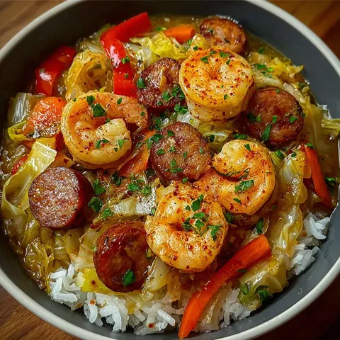 Shrimp and Sausage Cabbage Bowl with Rice