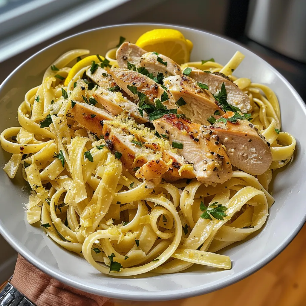 A bowl of pasta with chicken and lemon.