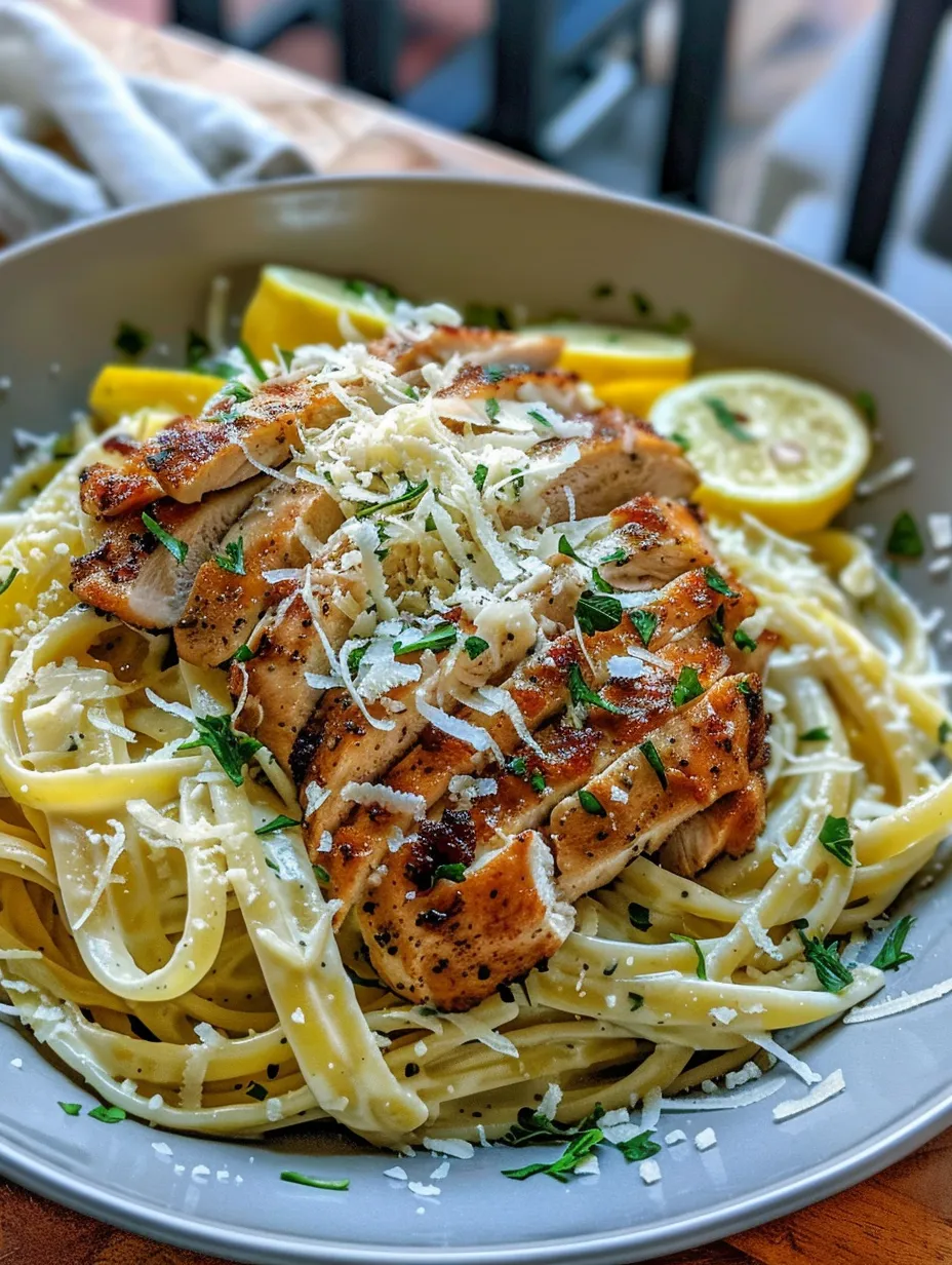 A bowl of pasta with chicken and lemon wedges.