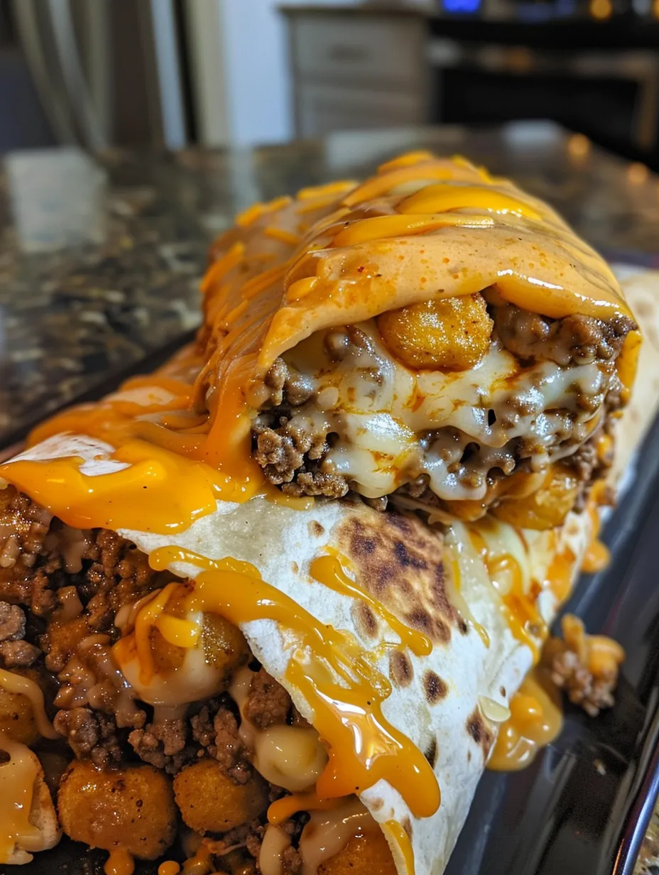 A burrito with cheese and chips.