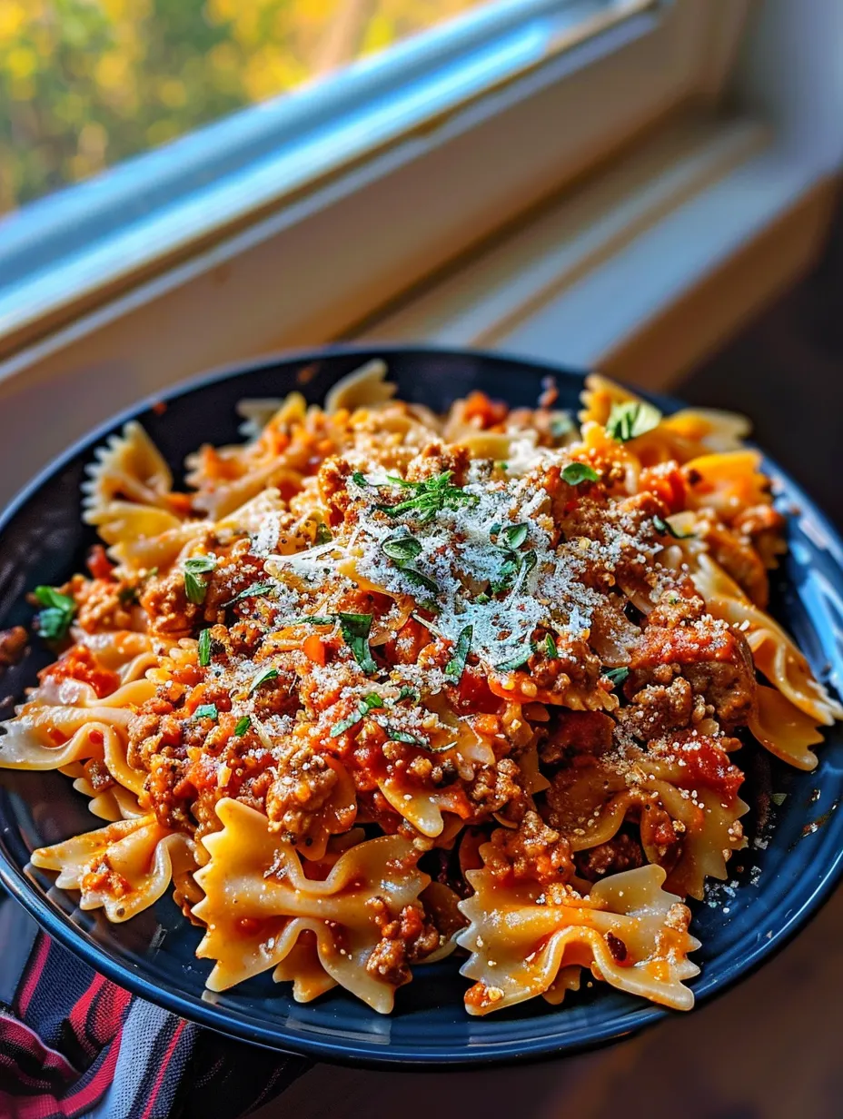 A bowl of pasta with meat and cheese.
