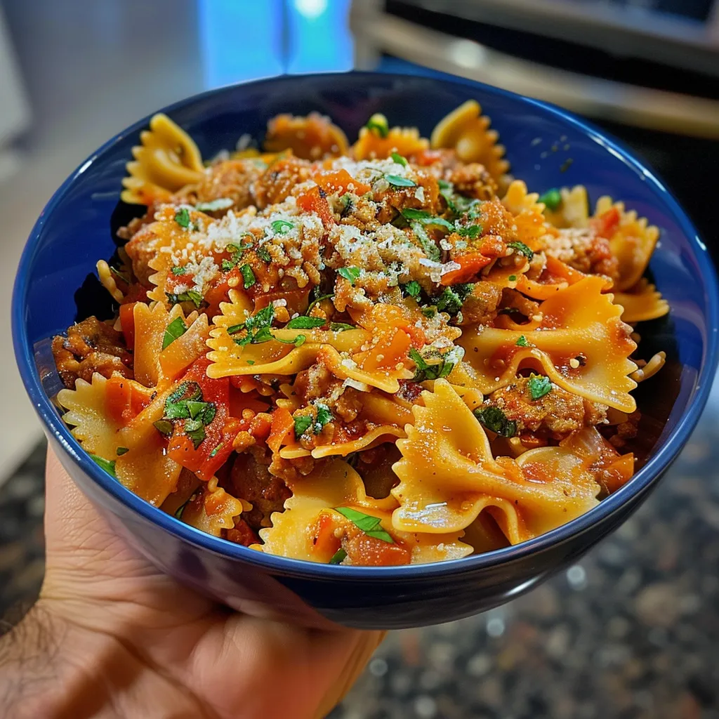 A bowl of pasta with meat and cheese.