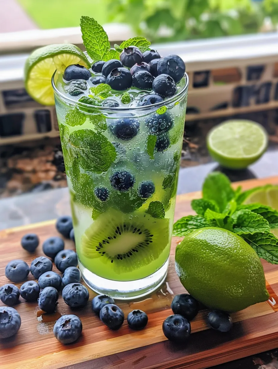 A glass of green drink with blueberries and lime.