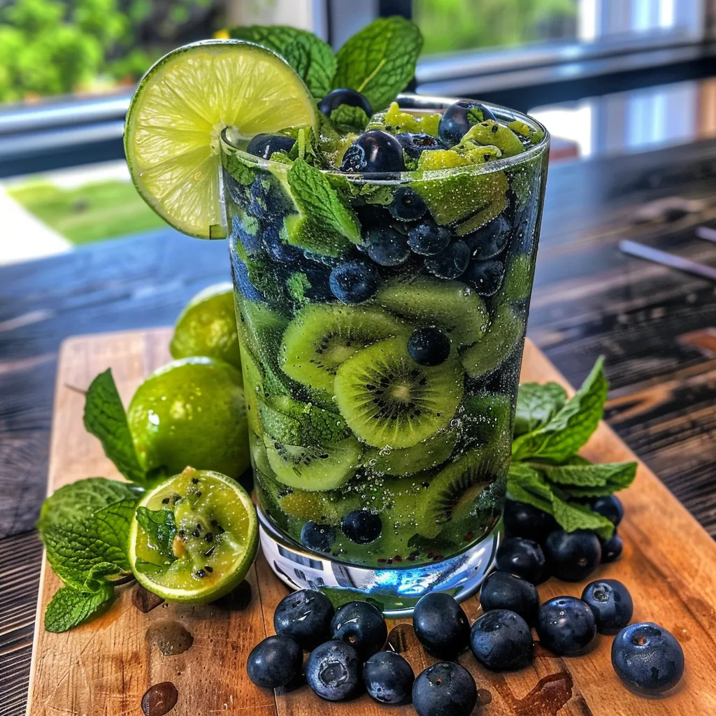 A glass of blueberries and limes.