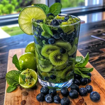 A glass of blueberries and limes.