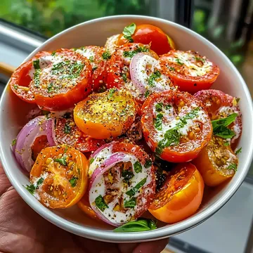 A bowl of food with tomatoes, onions, and cheese.