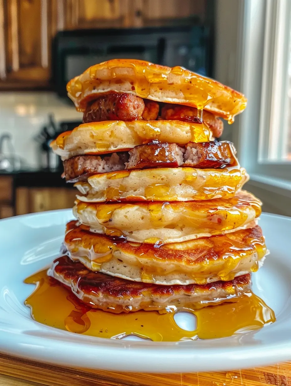Stack of pancakes with syrup.