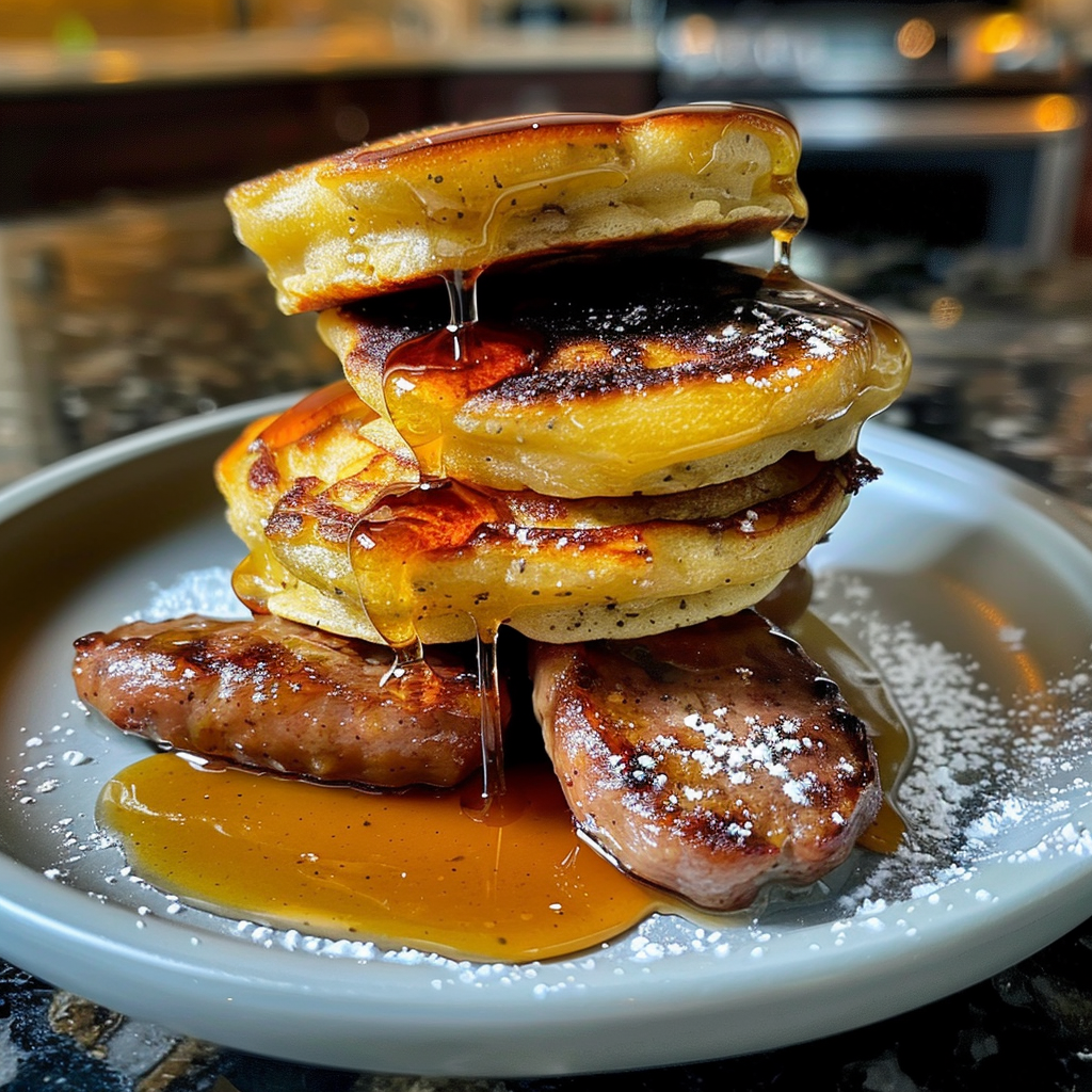 A stack of pancakes with syrup on top.