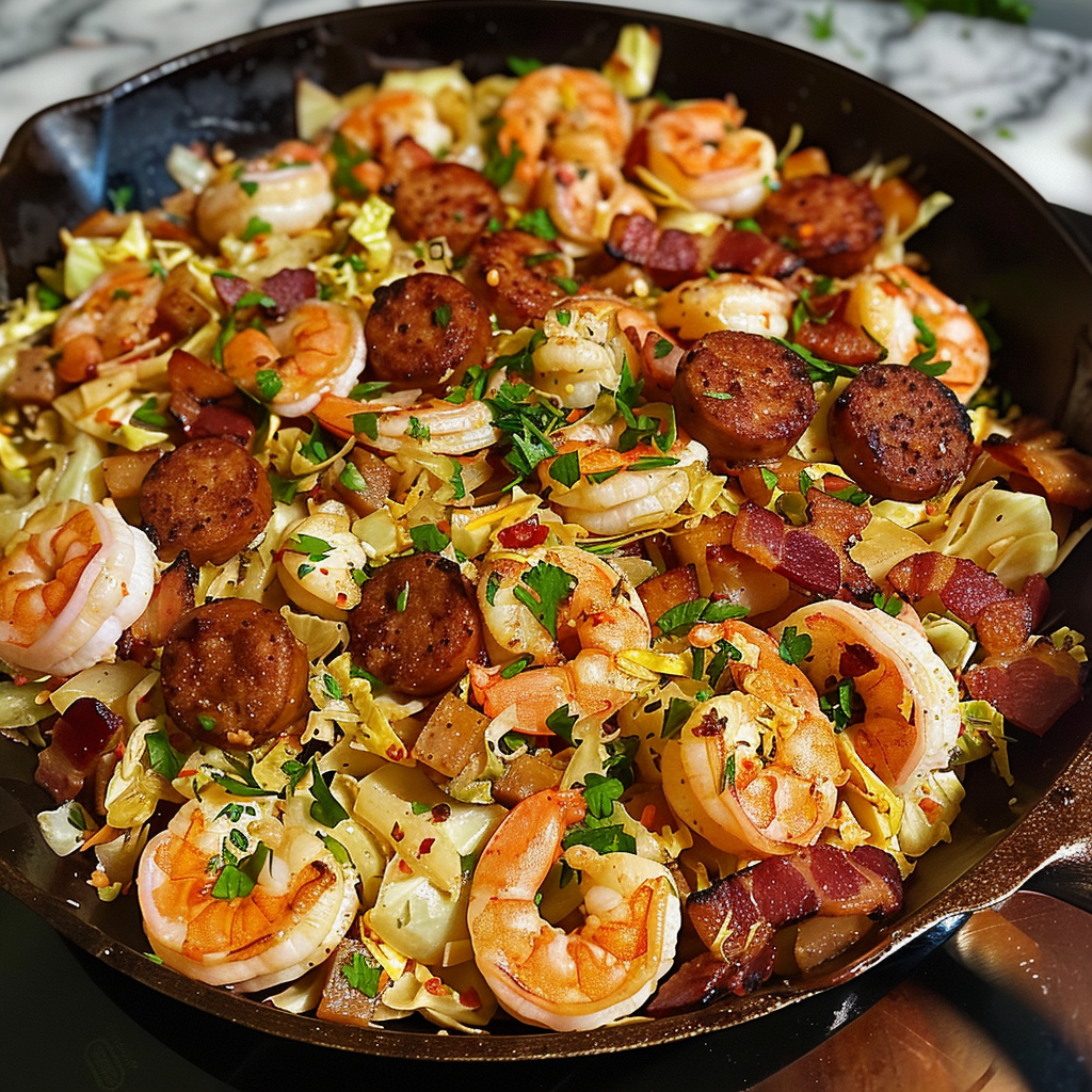 A pan of shrimp and vegetables.