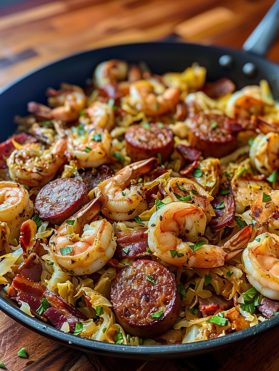 A black skillet with shrimp, sausage, and bacon.