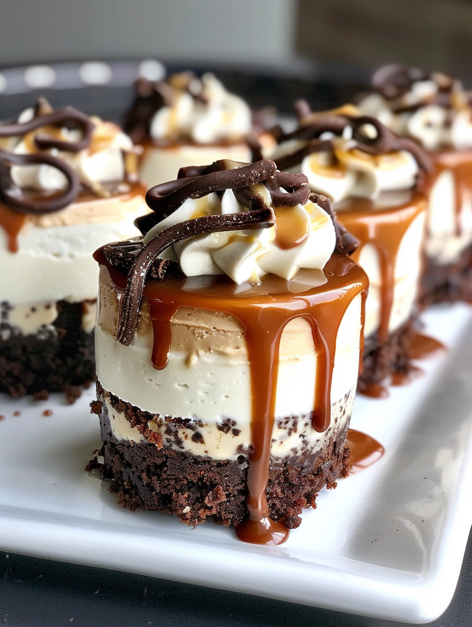 A slice of chocolate cake with caramel drizzle.