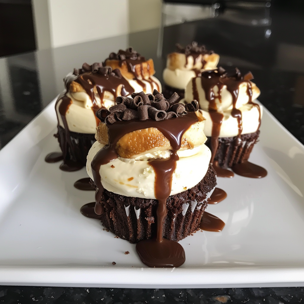Chocolate cupcakes with chocolate icing and drizzle.