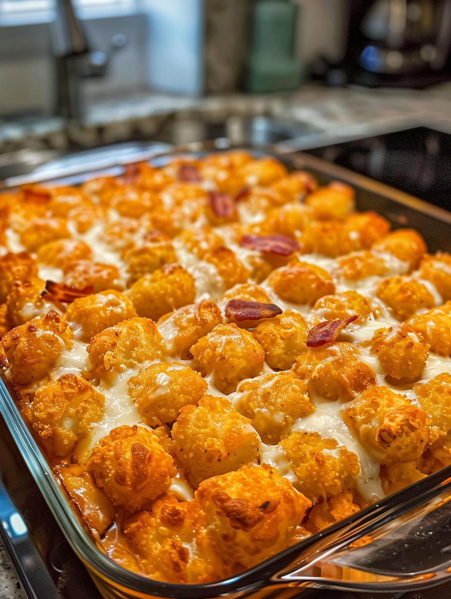 A pan of tater tots with cheese.