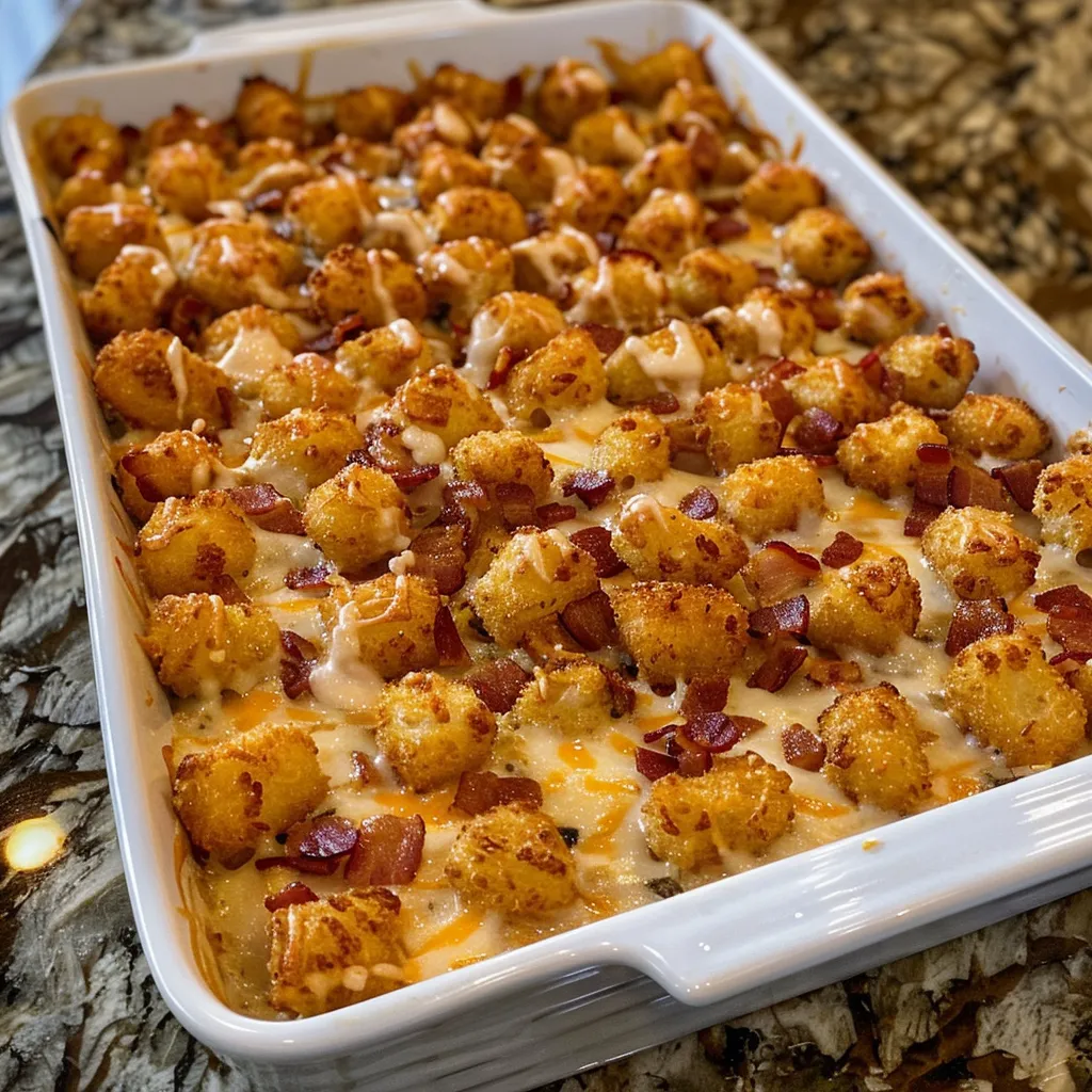 A white dish with a cheese and bacon covered casserole.