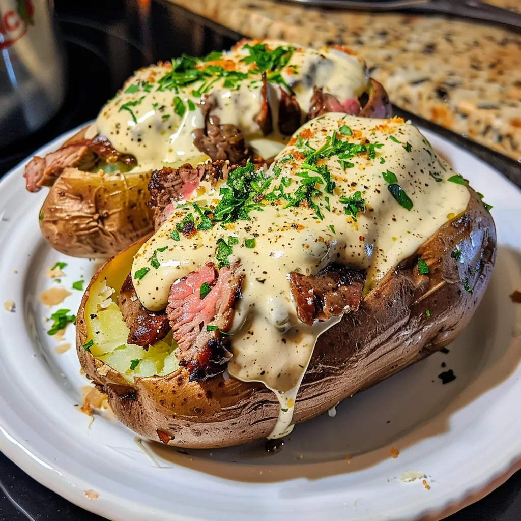 Two potatoes with meat on top.