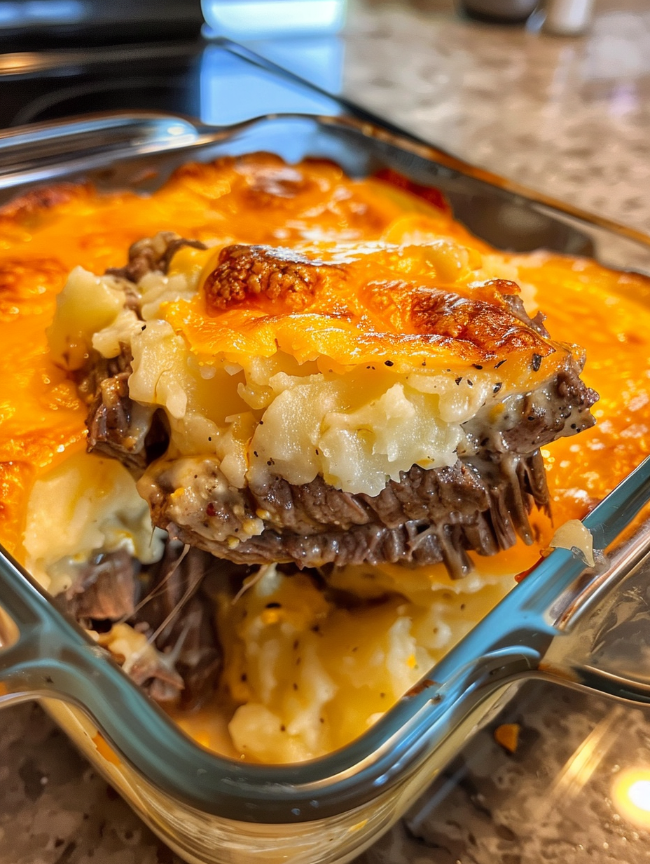 A close up of a casserole dish with meat and potatoes.