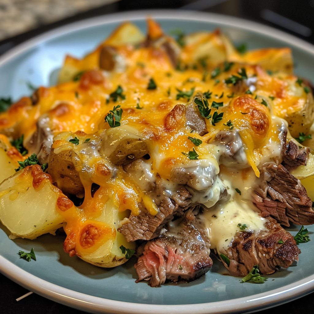 A plate of food with cheese and potatoes.