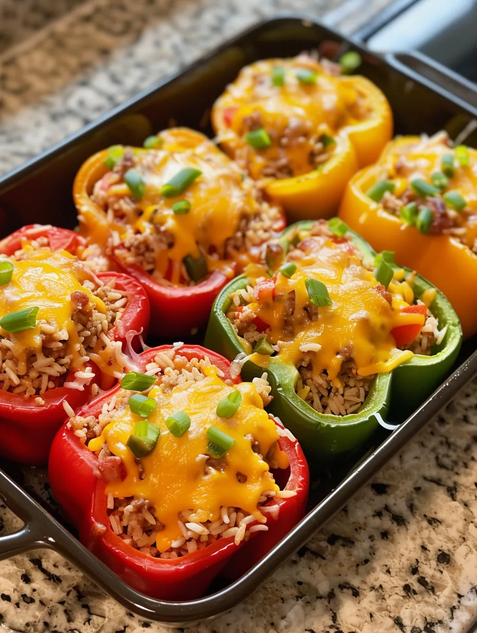 A pan of food with peppers and rice.