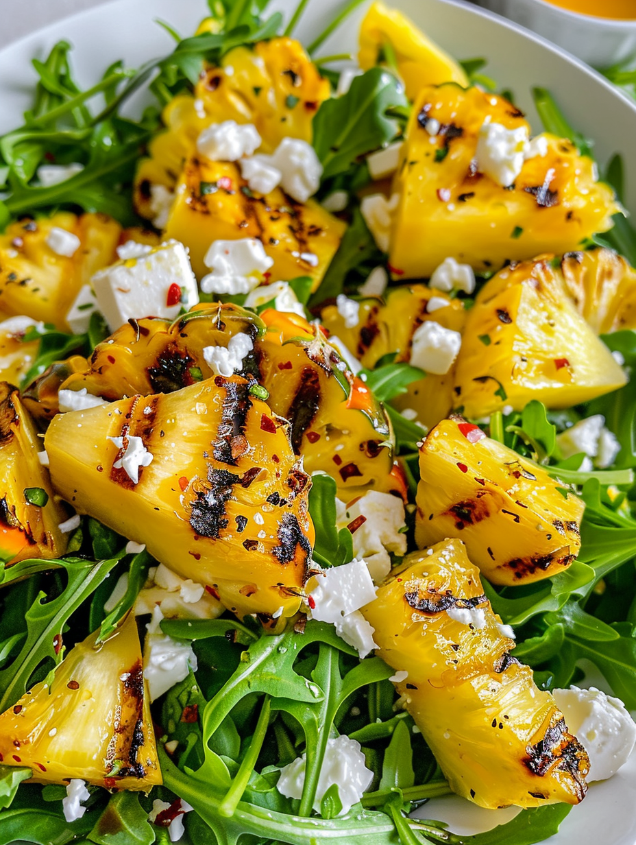 A salad with grilled pineapple and feta cheese.