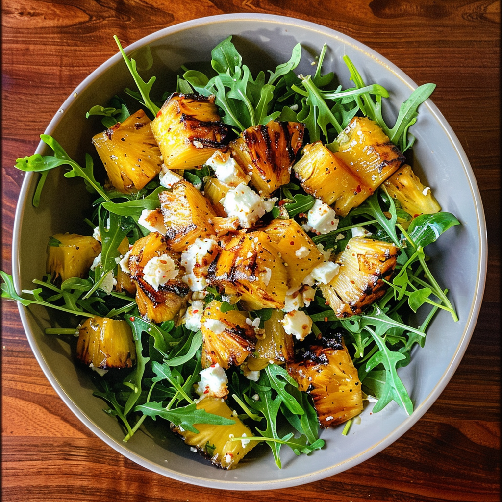 A bowl of salad with pineapple and greens.