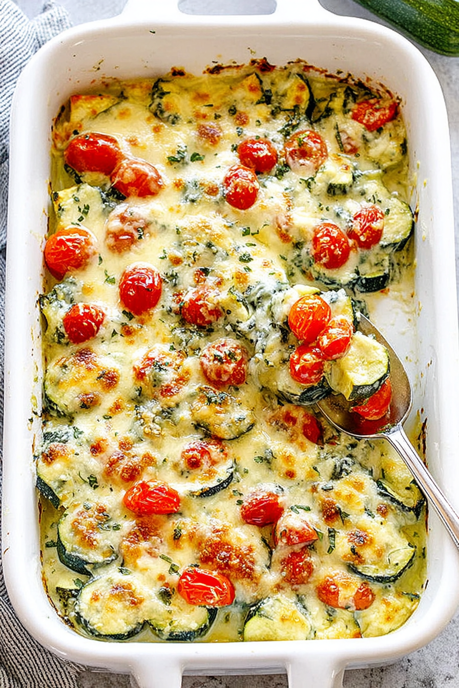 A dish of food with tomatoes and zucchini.