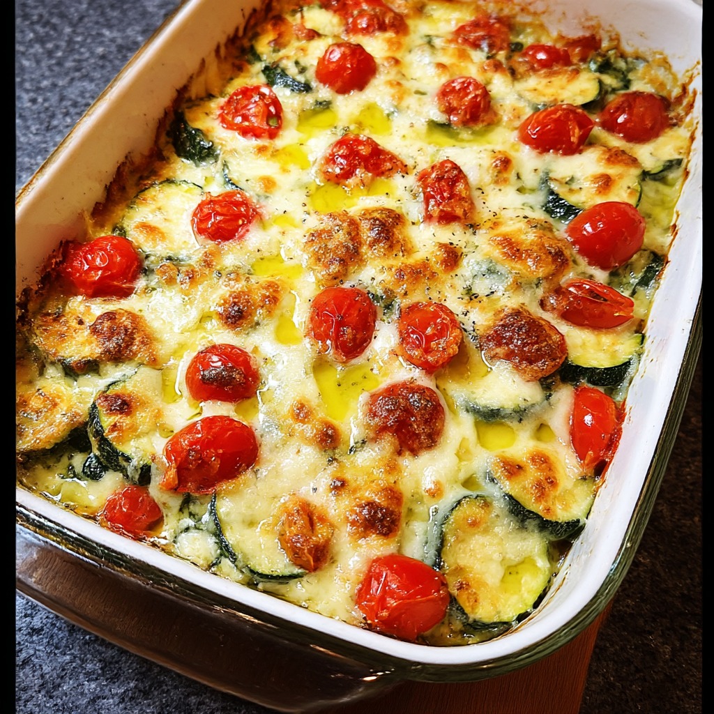 A dish with tomatoes and zucchini.