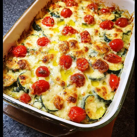 A dish with tomatoes and zucchini.