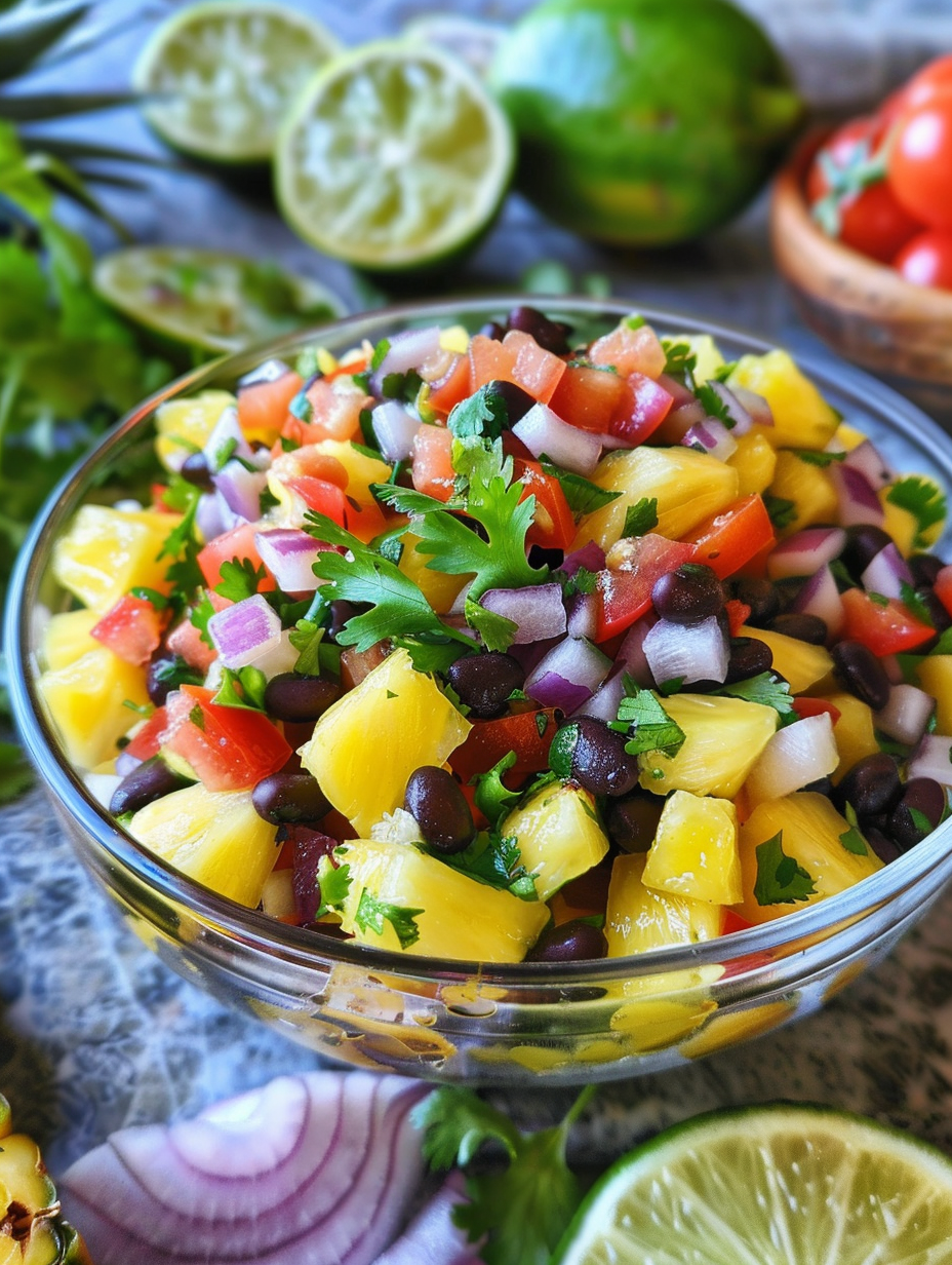 A bowl of fruit salad with pineapple, lime, and other fruits.