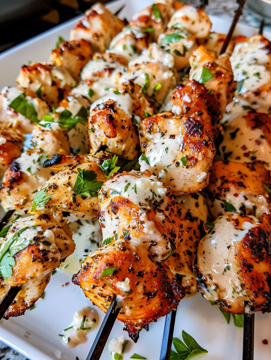 A plate of chicken skewers with sauce.