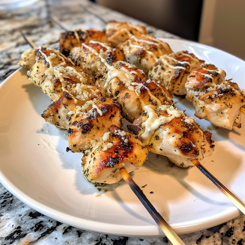 A plate of chicken skewers with sauce.