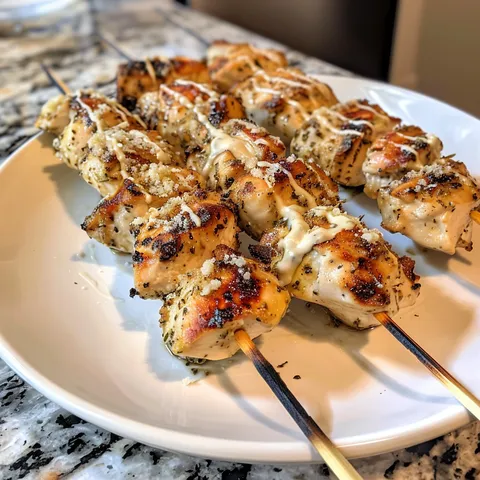 A plate of chicken skewers with sauce.