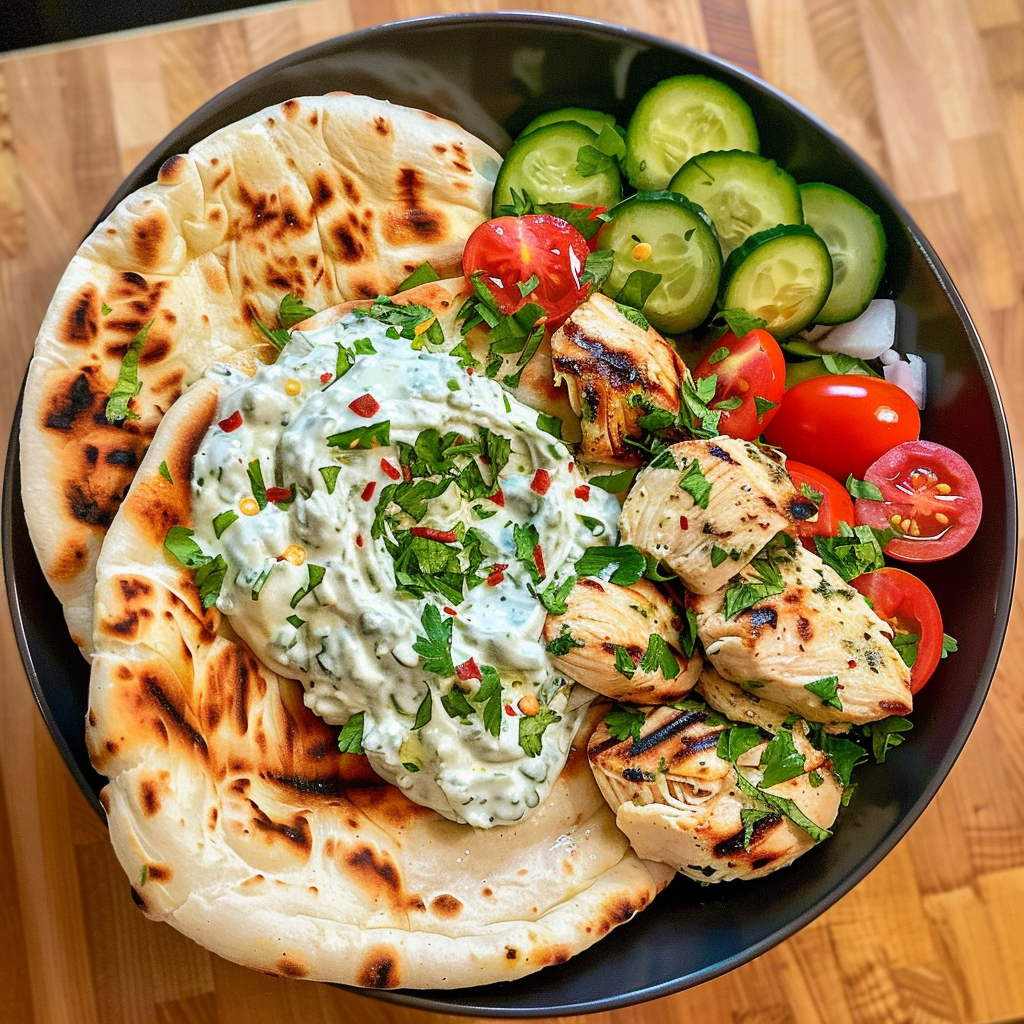 A bowl of food with a tortilla, chicken, cucumbers, tomatoes, and a dip.