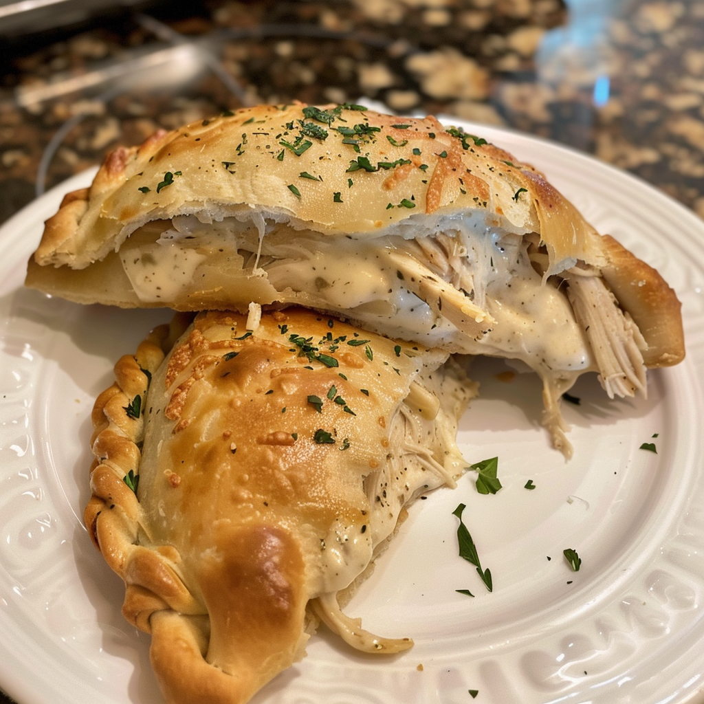 Two pieces of chicken pot pie on a white plate.