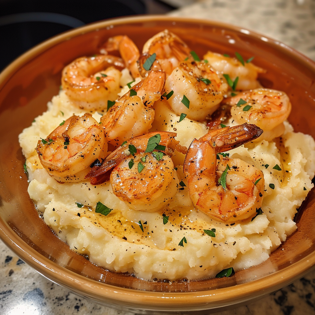 A bowl of shrimp and grits.