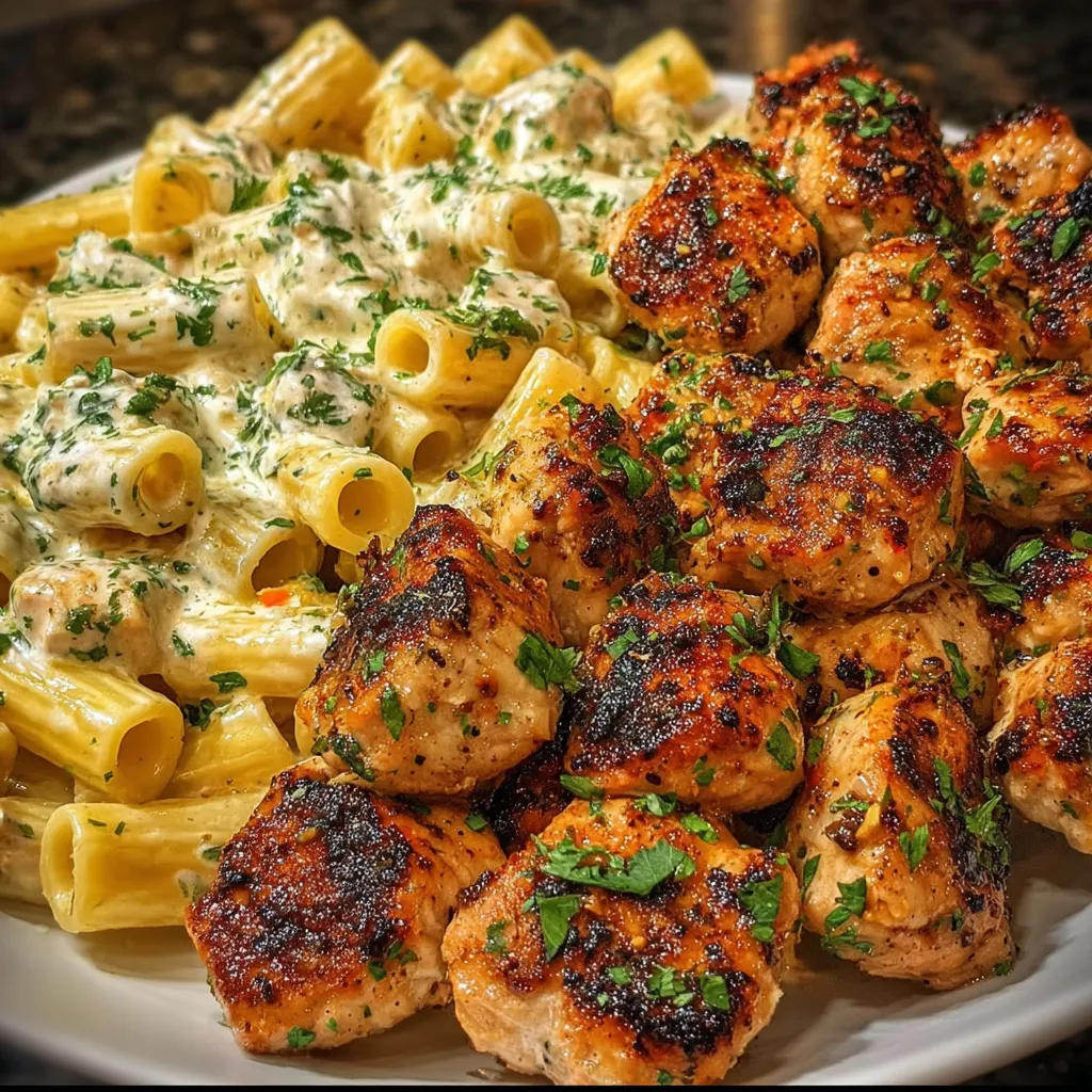 Garlic Butter Chicken Bites w Creamy Rigatoni