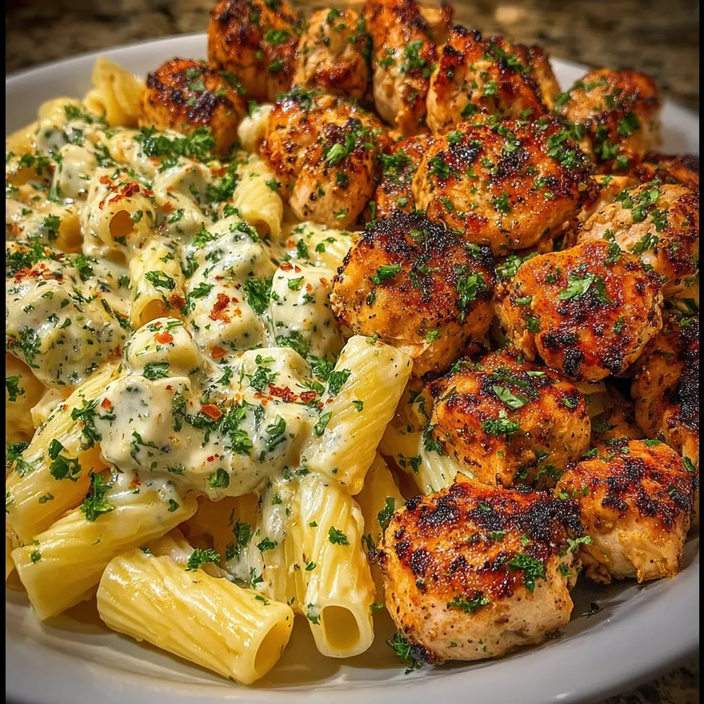 Garlic Butter Chicken Bites w Creamy Rigatoni