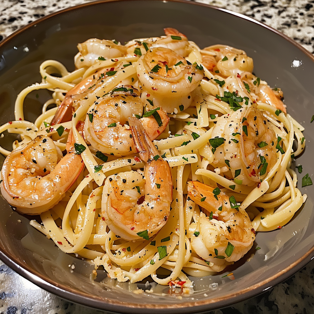 A bowl of shrimp and pasta.