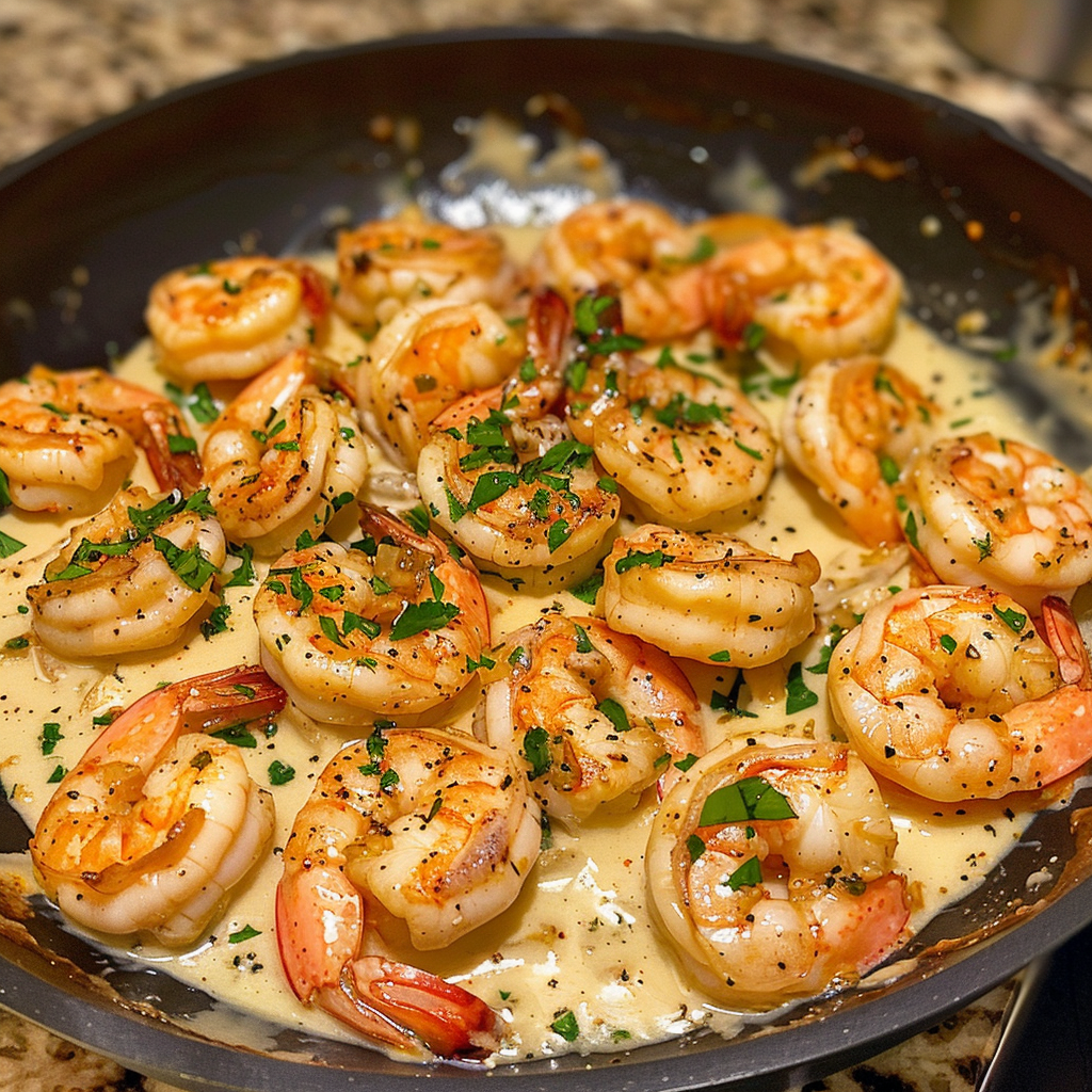 A pan of shrimp with a white sauce.