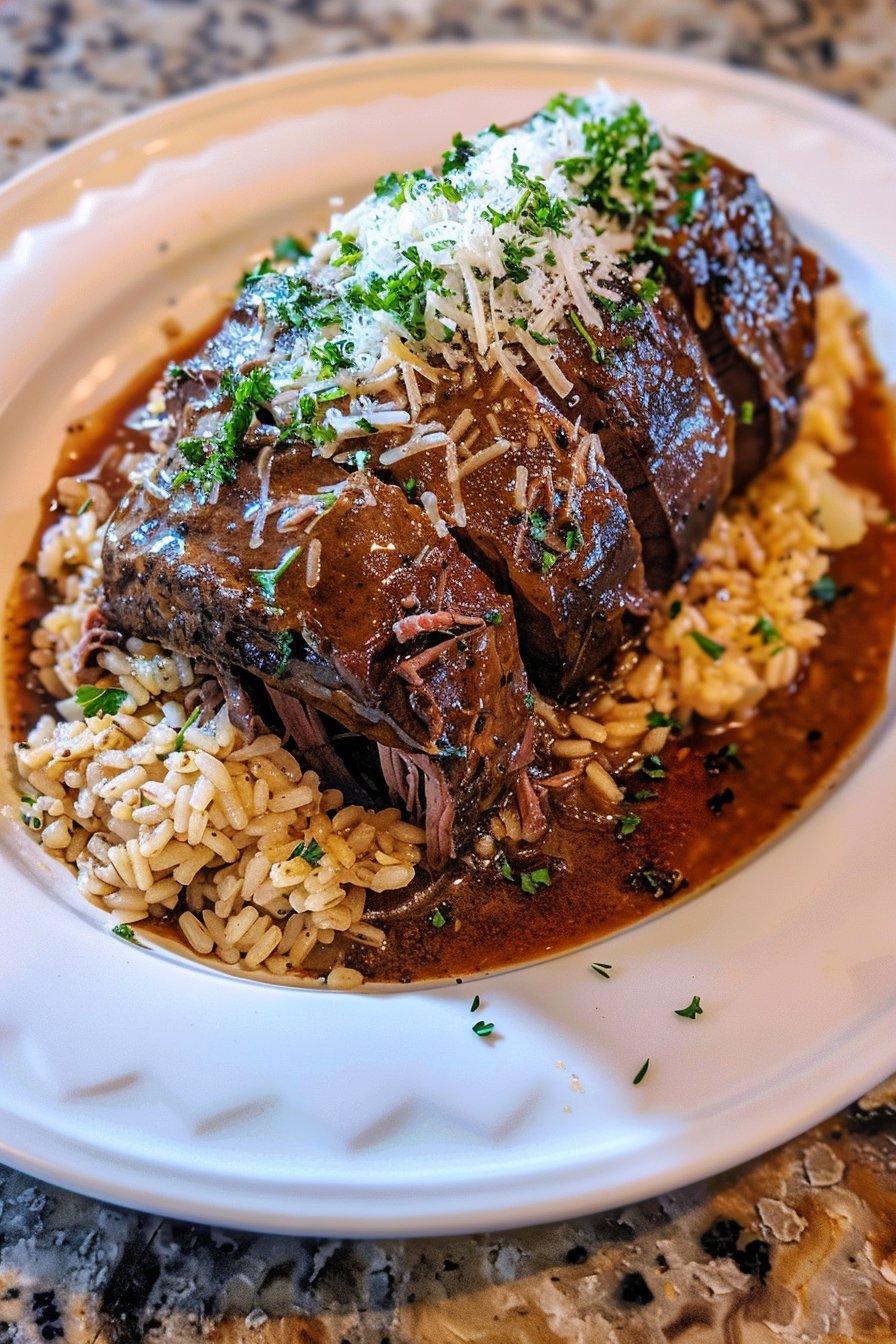 A plate of food with rice and meat.