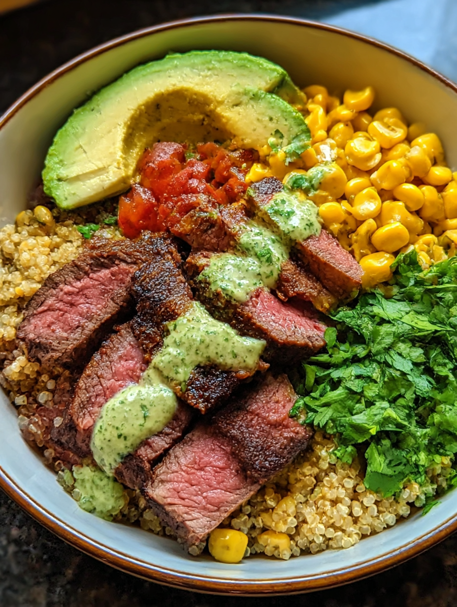 A bowl of food with meat, corn, and avocado.