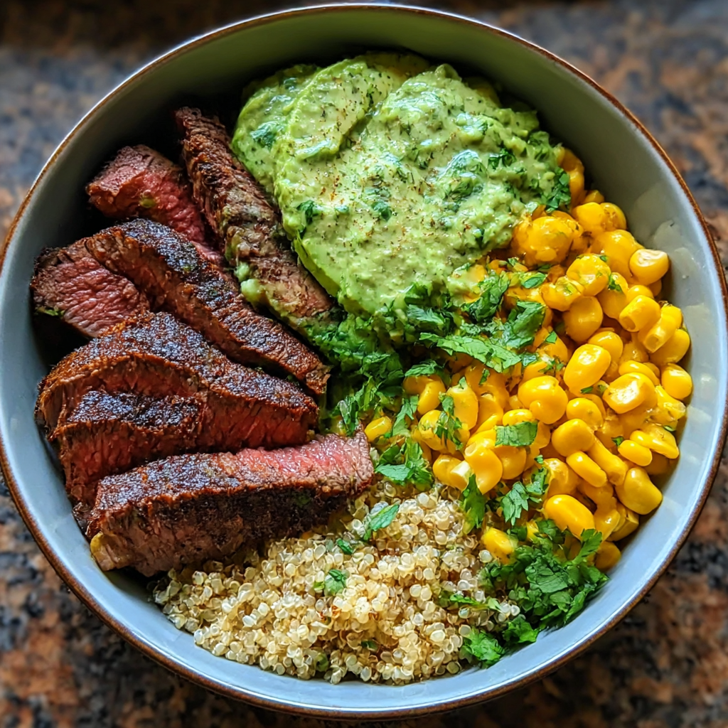 A bowl of food with meat, corn, and avocado.