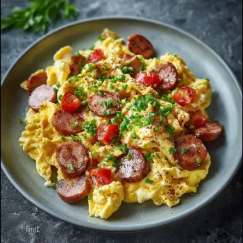 Plate of eggs with kielbasa and onions.