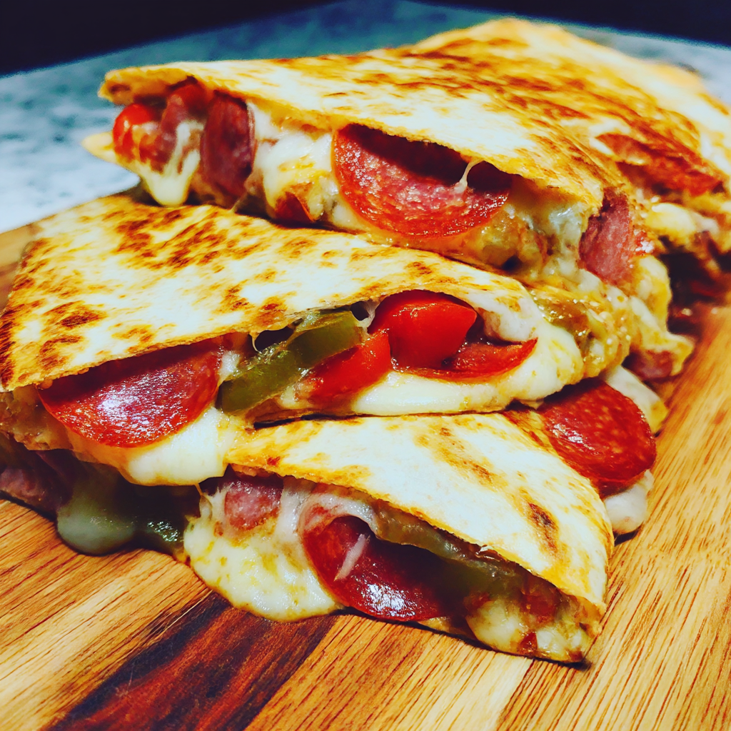 A stack of pizza slices on a wooden cutting board.